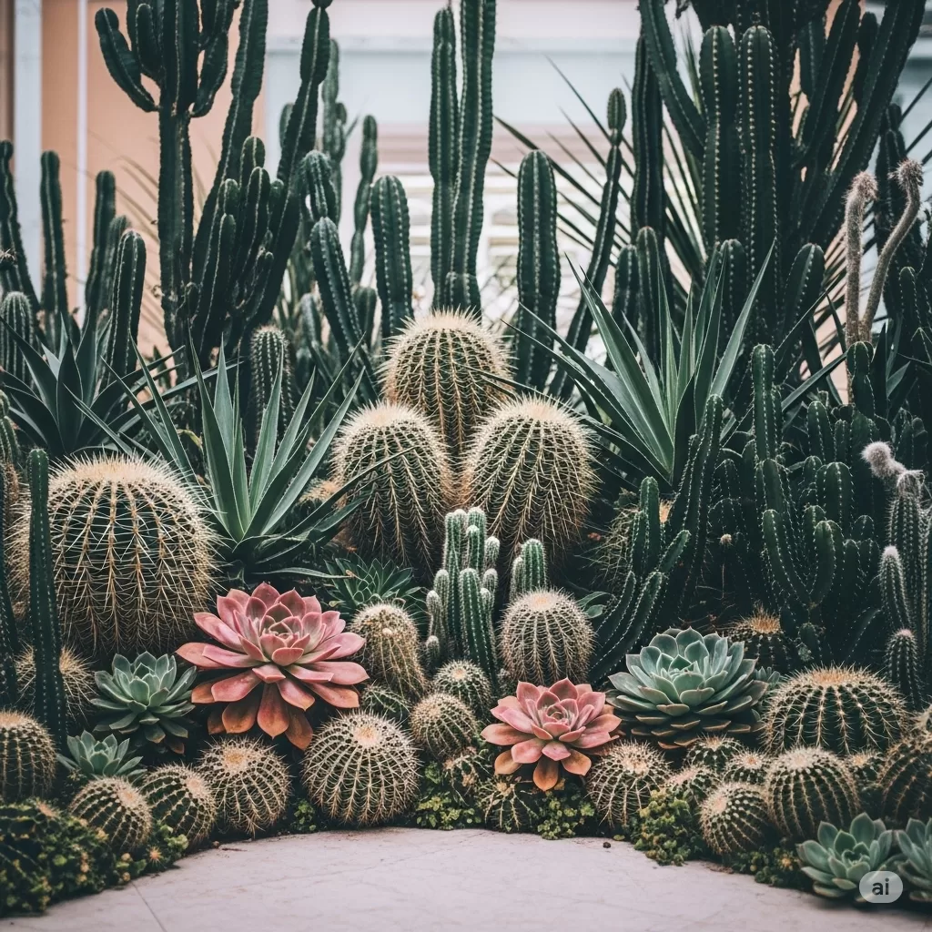 Foto final impactante de um ambiente decorado com uma combinação diversa de suculentas e cactos, irradiando energia e sofisticação