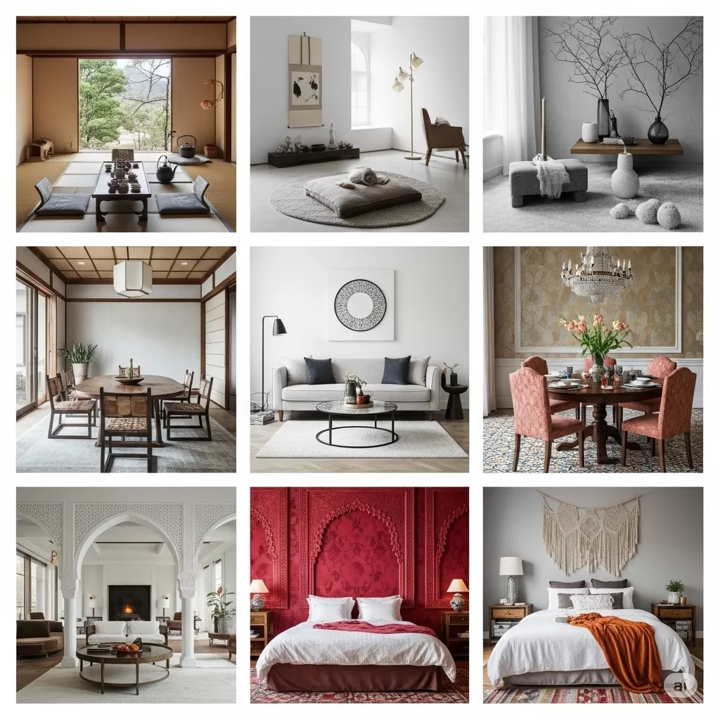 Colagem inspiradora que reúne diversas ideias de arranjos temáticos, mostrando a criatividade e a paixão de diferentes decoradores ao redor do mundo