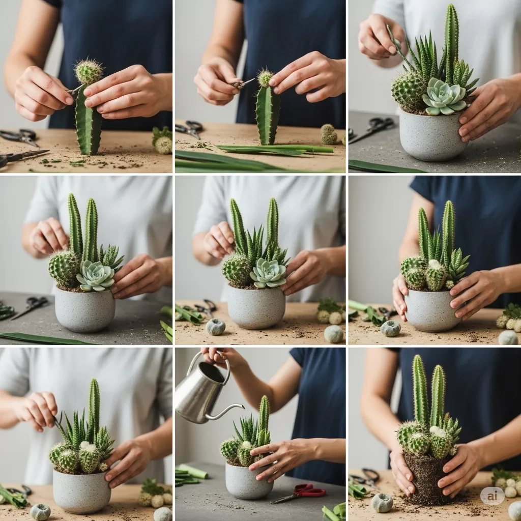 Uma colagem final com momentos do processo de criação e cuidado dos arranjos, simbolizando a união da arte e da natureza. Voltado para o tema de cactus e suculentas
