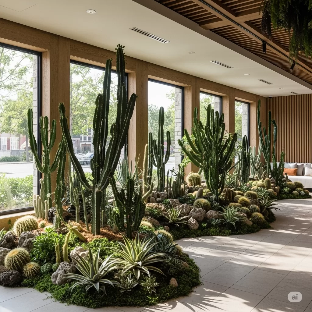 Fotografia final de um espaço transformado, onde o uso de suculentas e cactos reflete a perfeita harmonia entre design, sustentabilidade e arte