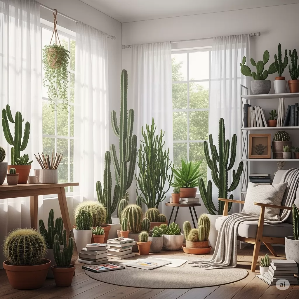Um ambiente sereno e inspirador, onde a decoração com cactos e suculentas cria a atmosfera perfeita para relaxamento e criatividade