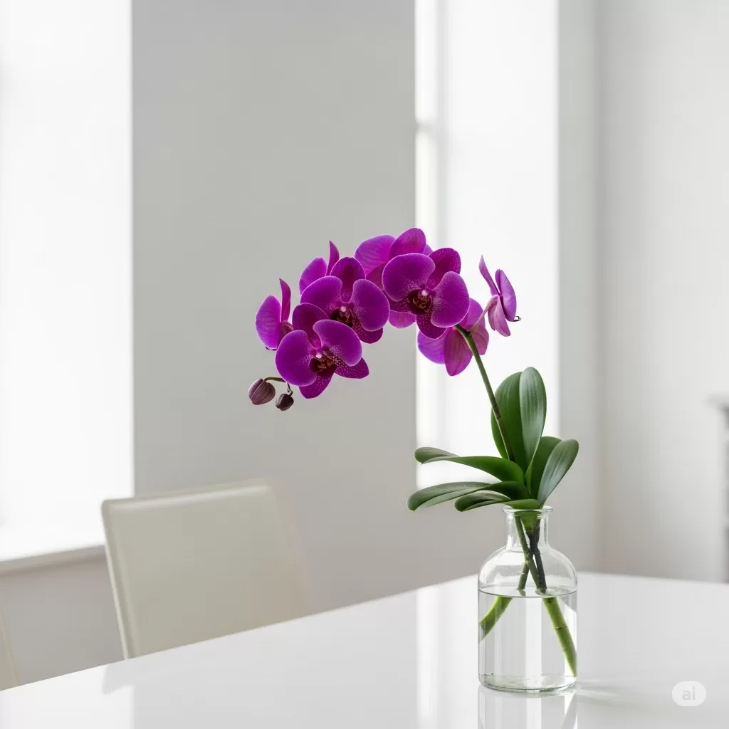 Uma orquídea elegante em um moderno ambiente minimalista, destacando seu esplendor natural