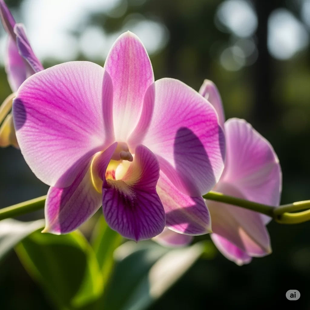 Close-up de uma bela orquídea com detalhes nítidos, em um cenário iluminado de forma natural.