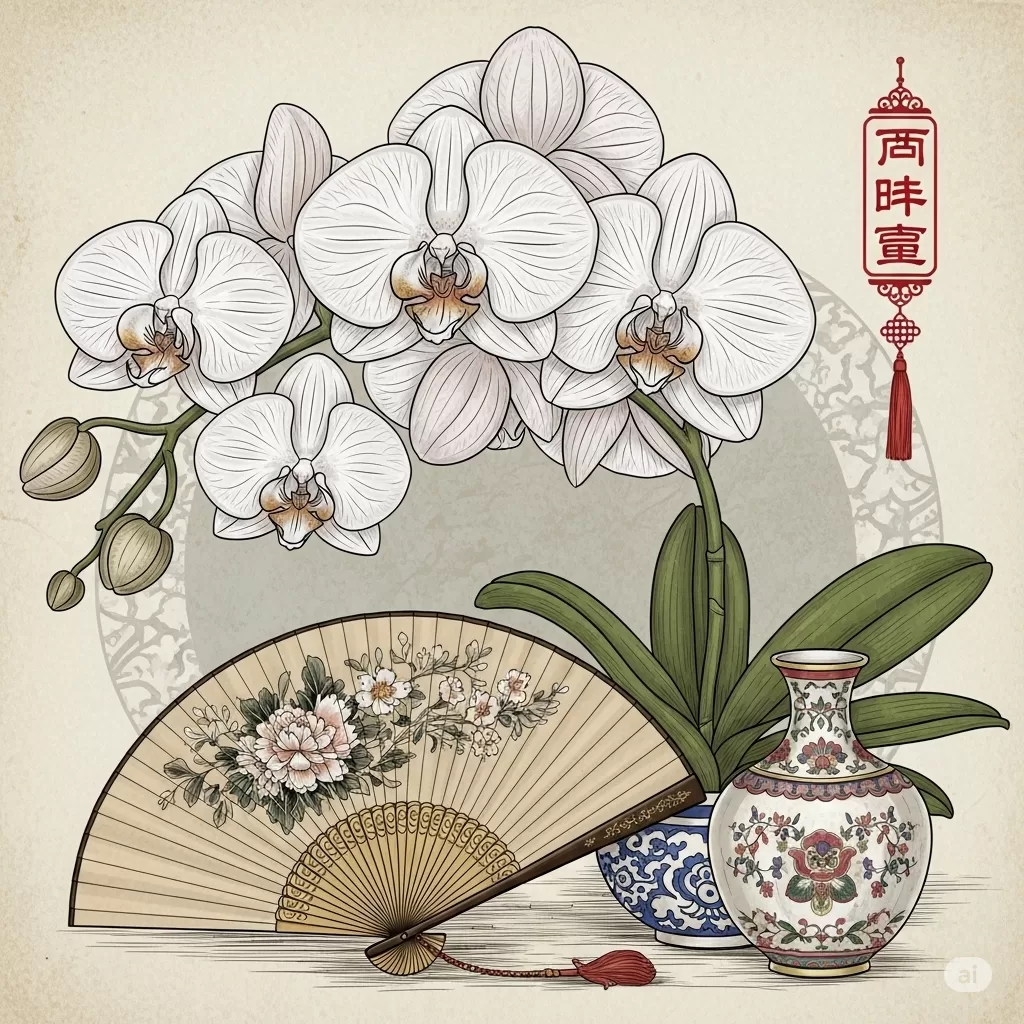 Uma ilustração vintage e realista de uma orquídea acompanhada de elementos orientais, evocando a tradição milenar