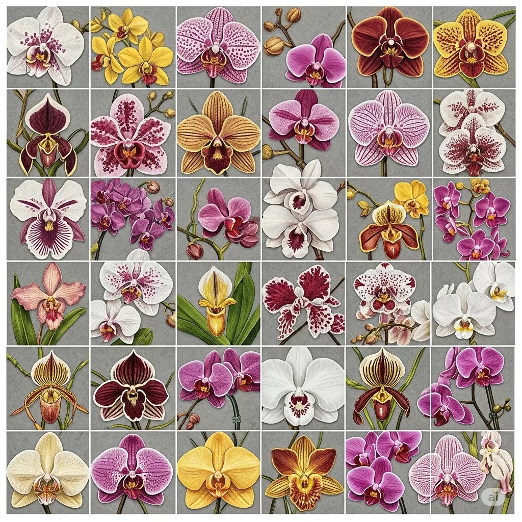 Um mosaico colorido com diversas espécies de orquídeas, mostrando a diversidade de formas e cores