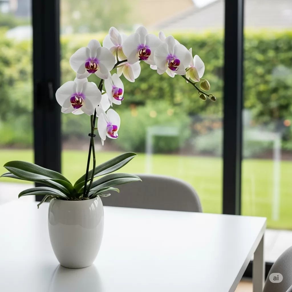 Uma orquídea Phalaenopsis em um elegante vaso branco, sobre uma mesa minimalista