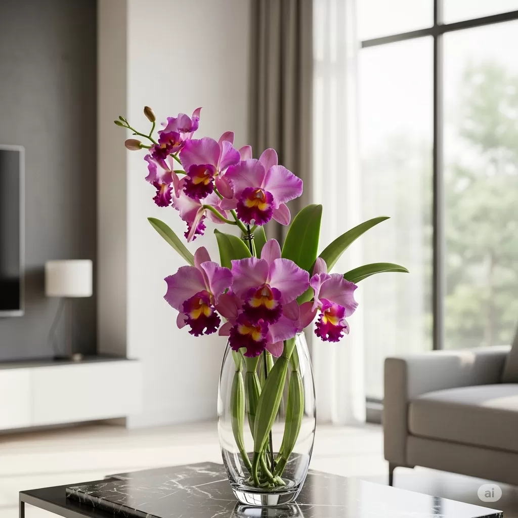 Um arranjo sofisticado com orquídeas Cattleya, harmonizando com elementos de decoração contemporânea