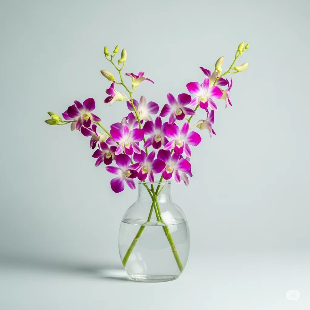 Uma composição com orquídeas Dendrobium dispostas em um suporte de vidro, evidenciando sua elegância