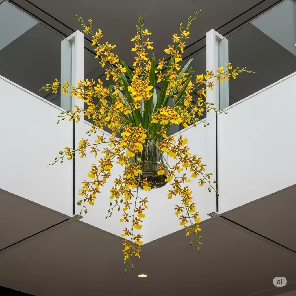 Oncidium em um arranjo suspenso, complementando uma decoração moderna com linhas retas