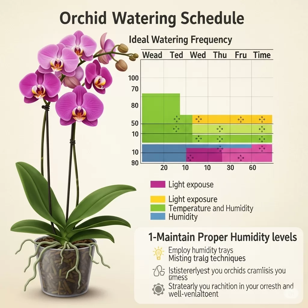 Cronograma de rega para orquídeas, destacando momentos ideais para hidratação e dicas para manter a umidade adequada