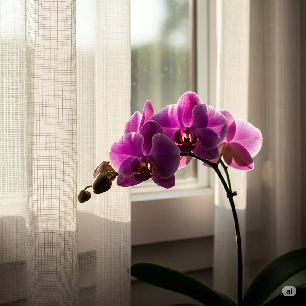 Uma orquídea sob uma janela com cortinas translúcidas, garantindo a difusão de luz natural