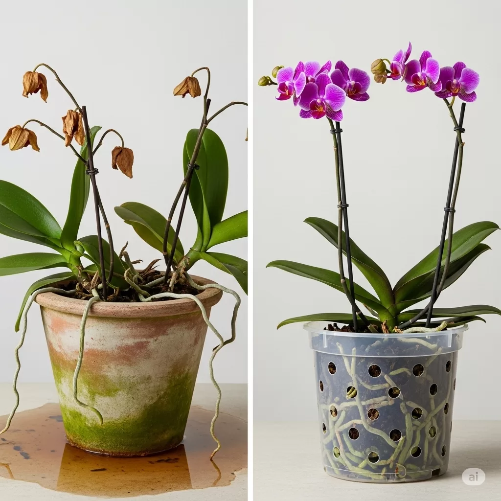 Foto comparativa com base e estudos entre um vaso tradicional e um vaso transparente adequado para orquídeas, evidenciando a importância da drenagem