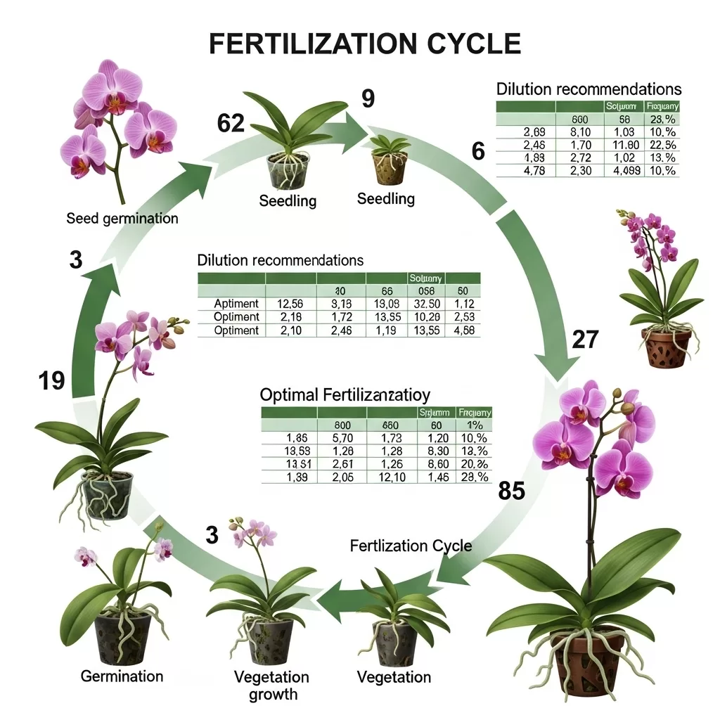 Gráfico baseado em um estudo sobre orquídeas, ilustrado com imagens realistas do ciclo de adub das orquíde, incluindo orientações sobre a diluição e a frequência recomendadas.