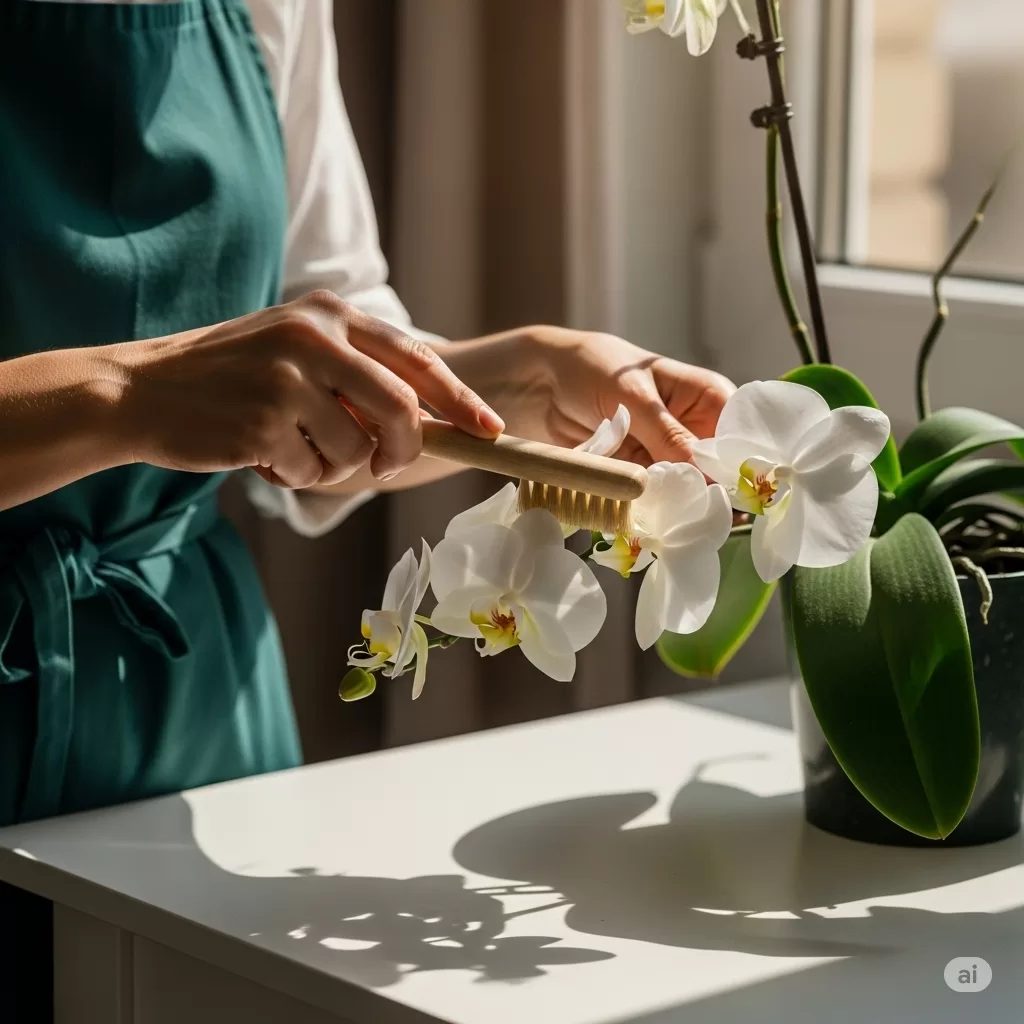 foto detalhada de uma orquídea sendo cuidadosamente limpa, demonstrando a atenção aos detalhes no cuidado diário