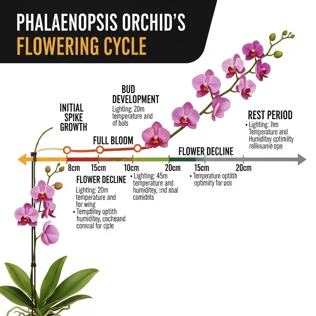 Linha do tempo do ciclo de floração de uma Phalaenopsis, destacando os períodos de maior atividade floral