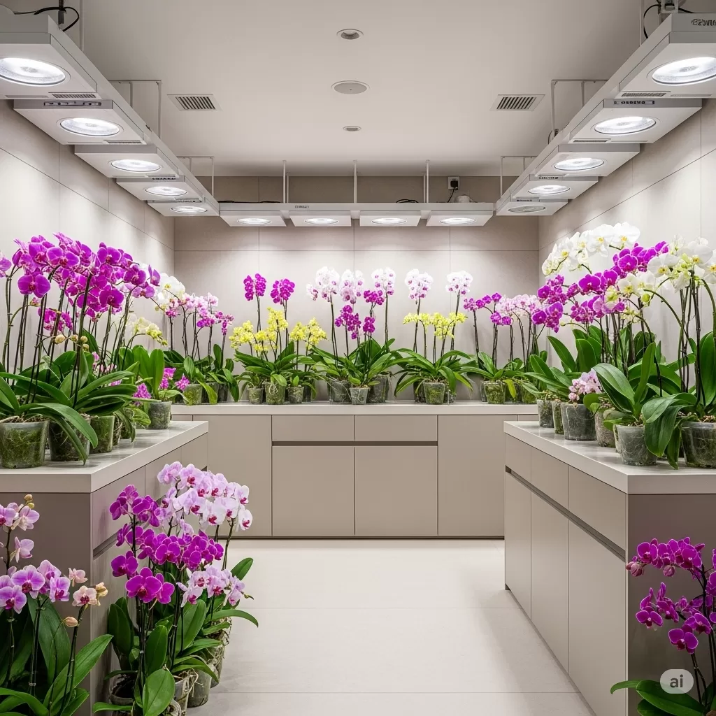 Ambiente interno com orquídeas e sistema de climatização moderada, representando o equilíbrio térmico ideal