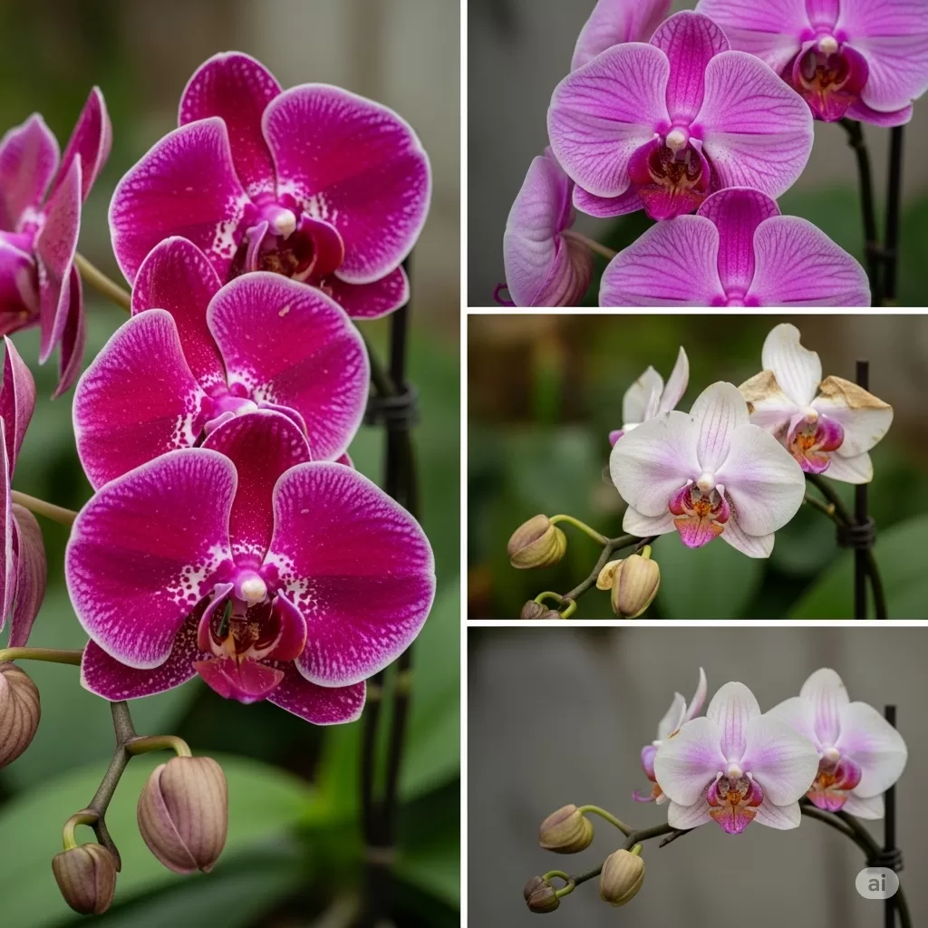 Série fotográfica mostrando a transição de uma orquídea da fase de floração intensa para a fase de repouso, com ênfase na recuperação gradual