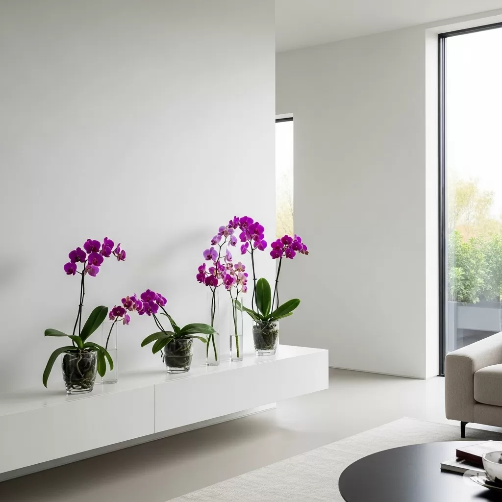 Composição de orquídeas em vasos elegantes dispostos em uma prateleira moderna, integrados a um ambiente de design minimalista