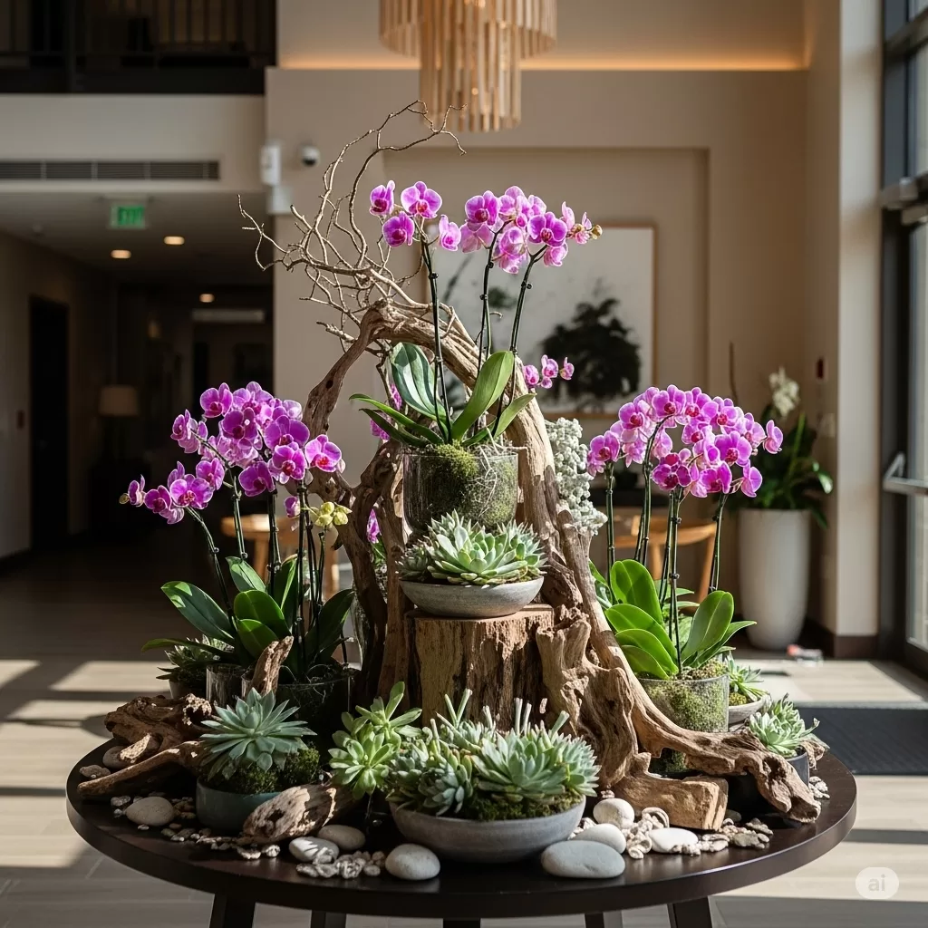 um ambiente interno com uma mesa decorativa com orquídeas, suculentas e elementos naturais para reforçar a conexão com a natureza