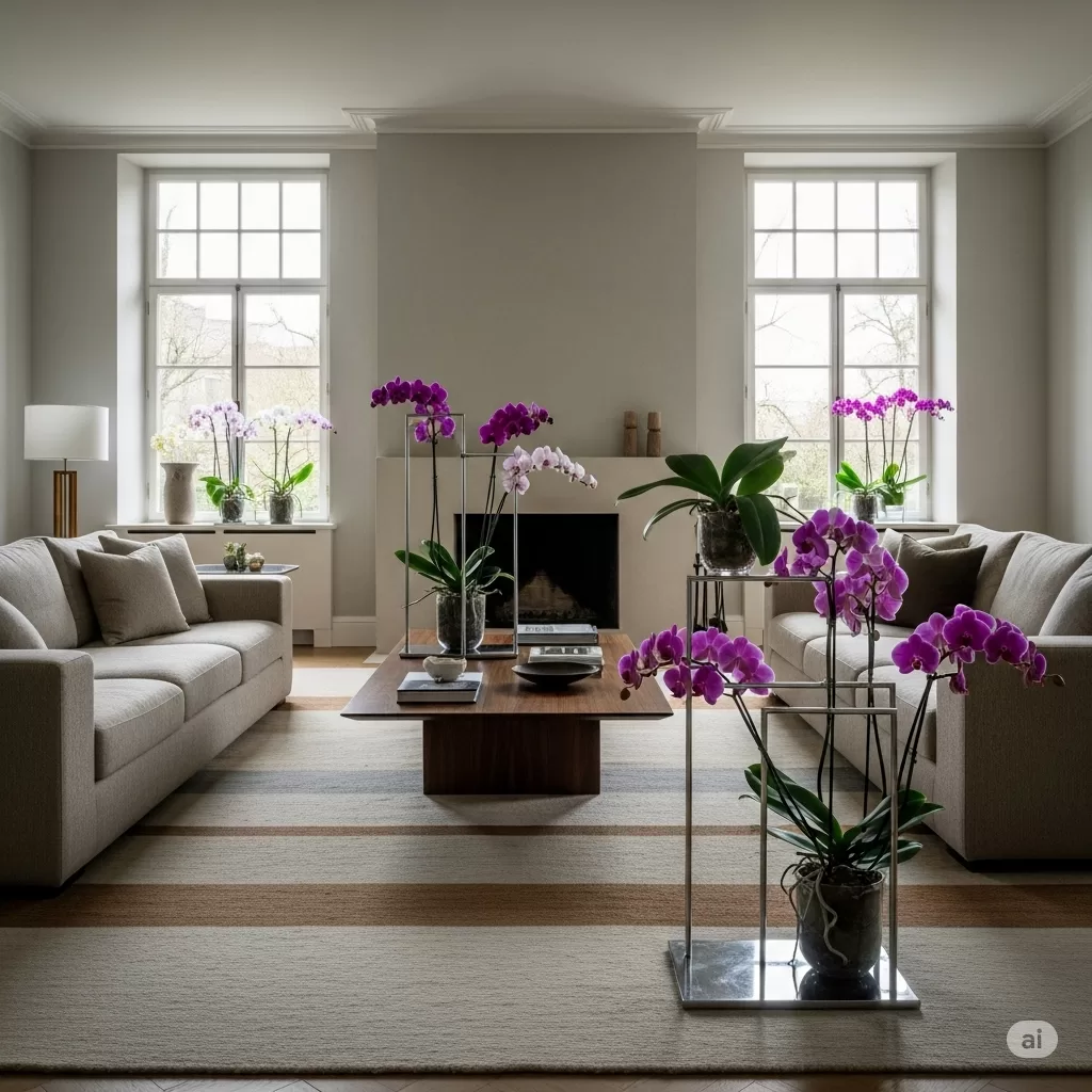 Foto de uma sala de estar sofisticada, onde orquídeas dispostas em suportes elegantes complementam um design interior clássico e contemporâneo