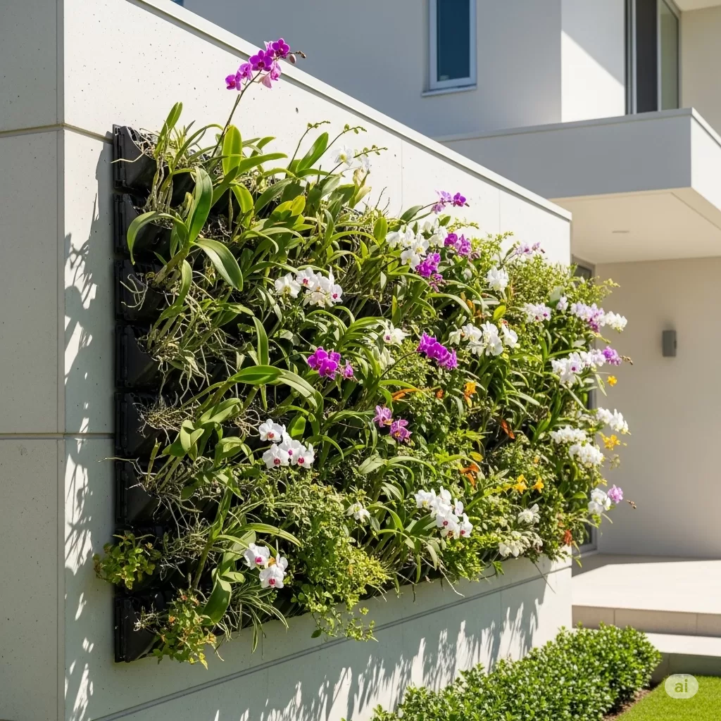 Jardim vertical composto por pequenas orquídeas e outras plantas, instalado em uma parede de um ambiente residencial moderno.