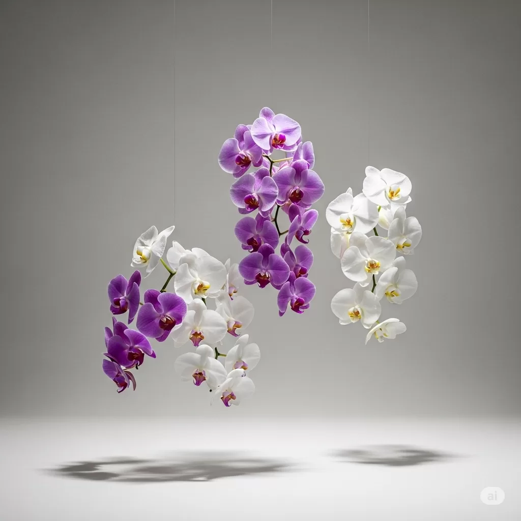Composição visual com orquídeas suspensas em um ambiente com fundo neutro, destacando o efeito flutuante e a leveza dos arranjos