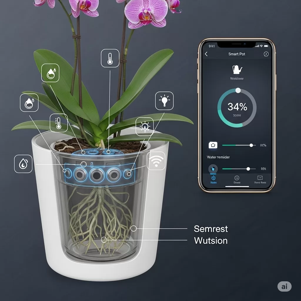 Representação gráfica de um vaso inteligente para orquídeas, com ícones que representam sensores e conectividade com dispositivos móveis