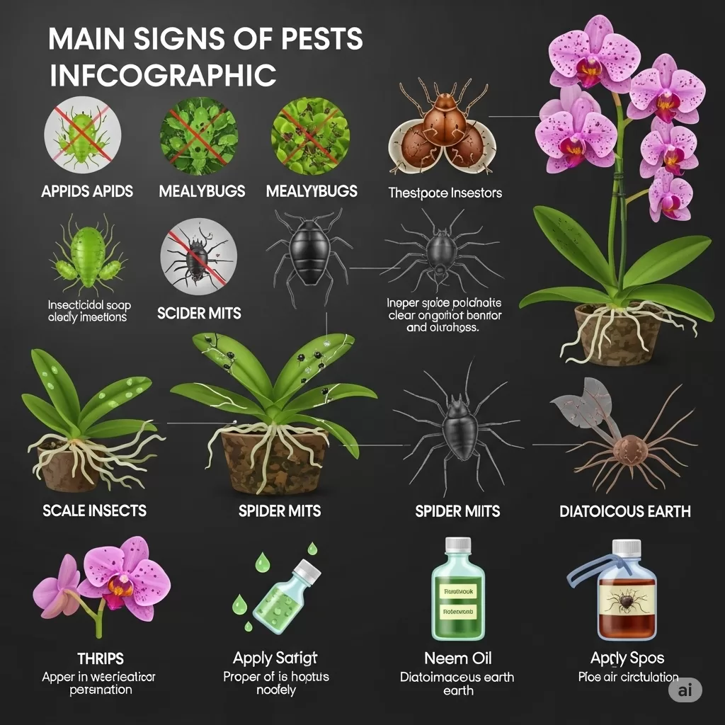 Infográfico realista com principais sinais de pragas em orquídeas e as soluções naturais para combatê-las