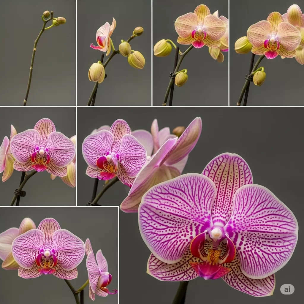 Série de fotos mostrando uma orquídea em diferentes estágios, desde a ausência de flores até a plena floração