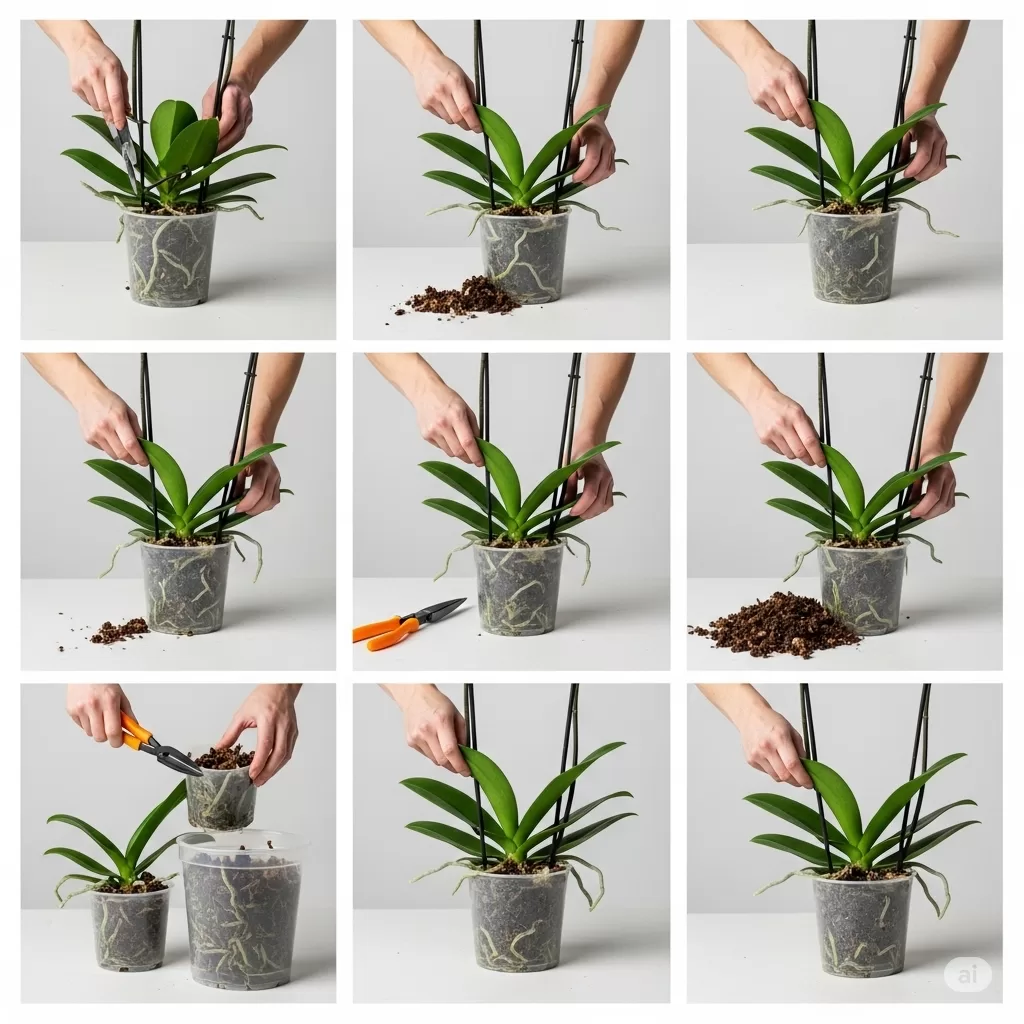 processo de replantio, mostrando cada etapa da planta orquídea com imagens ilustrativas