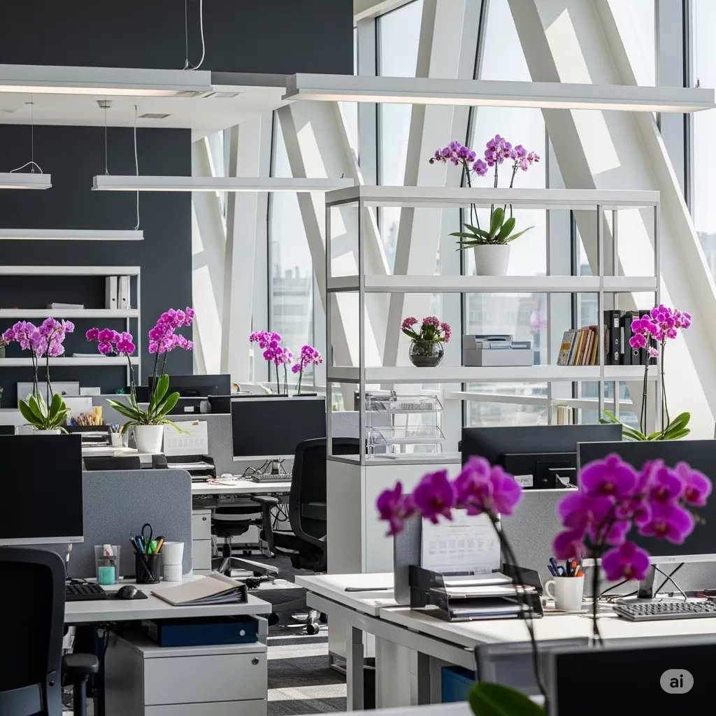 Escritório moderno com orquídeas estrategicamente posicionadas em mesas e prateleiras, criando um ambiente sofisticado e acolhedor