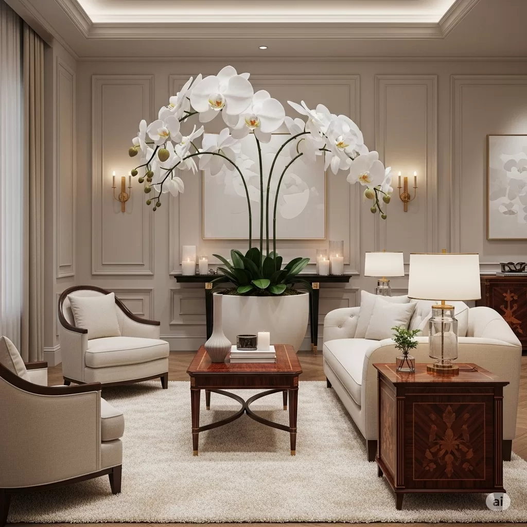Sala de estar elegante com uma grande orquídea como peça central, cercada por móveis de design e iluminação suave
