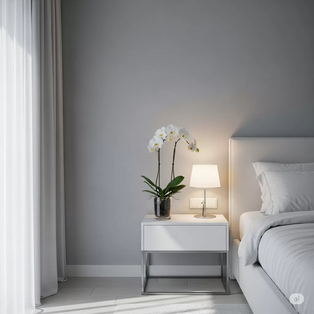 Quarto com decoração minimalista, destacando uma orquídea em um vaso de design clean ao lado de uma luminária suave