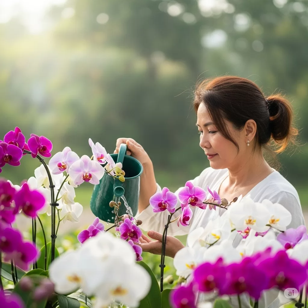 Um ambiente tranquilo com uma pessoa cuidando de suas orquídeas, simbolizando a conexão entre o ser humano e a natureza