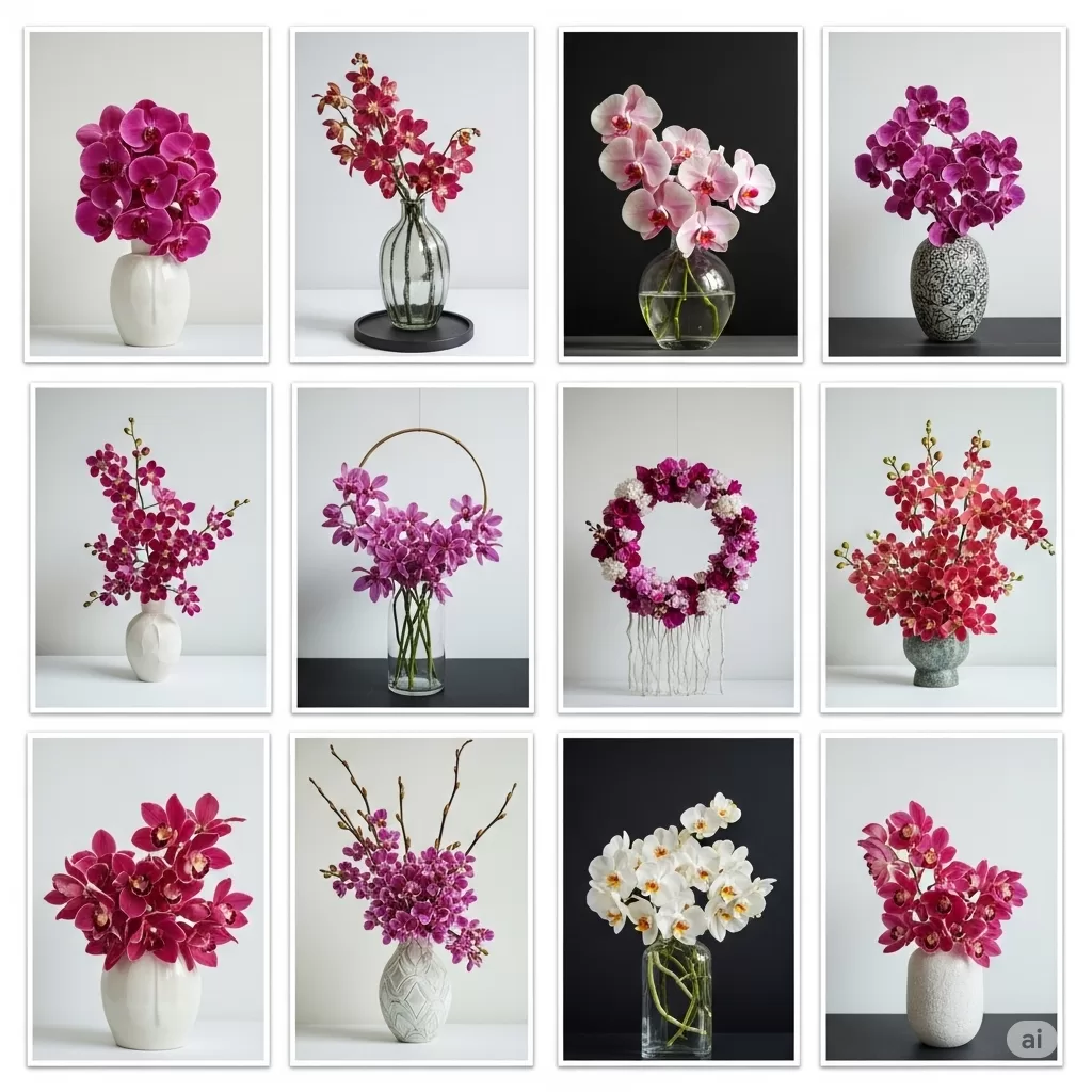 Colagem de fotos mostrando diferentes composições decorativas feitas com orquídeas, ressaltando a criatividade e a diversidade de estilos