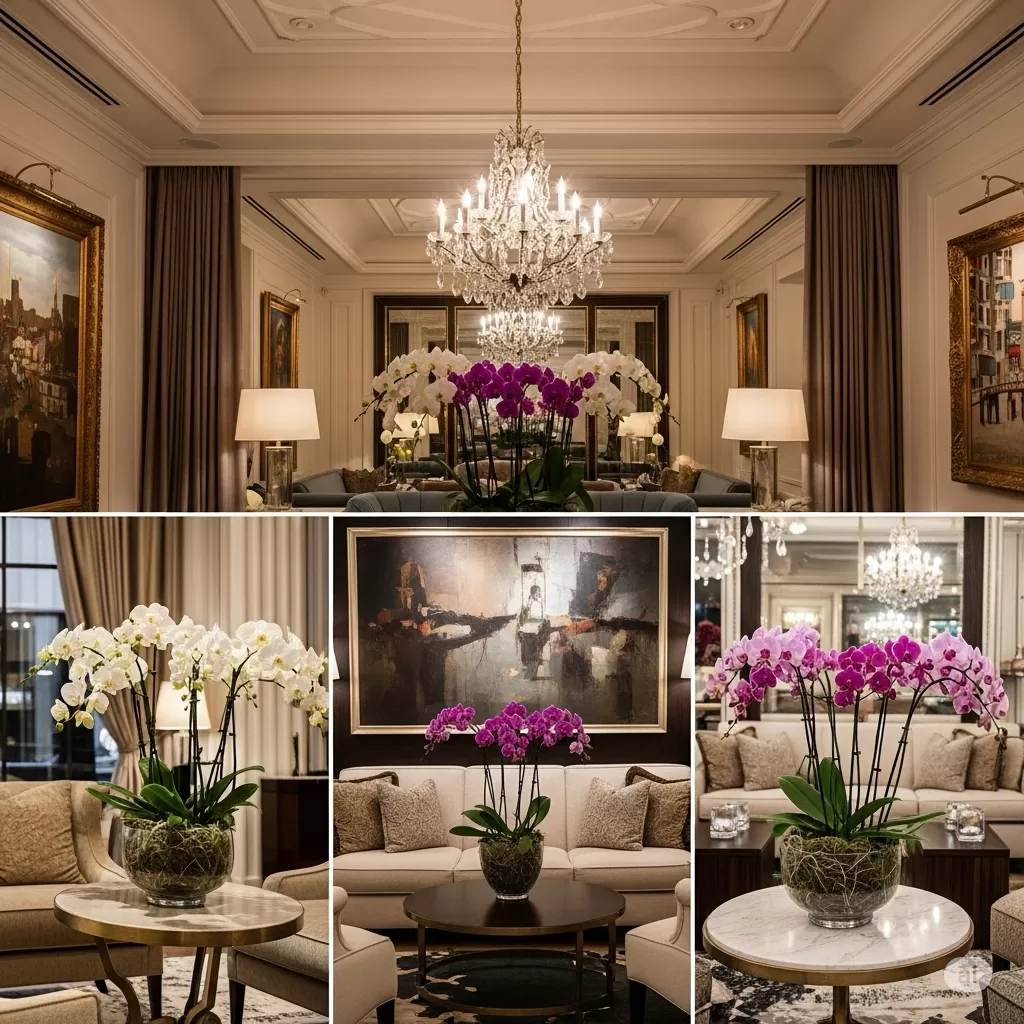 Um ambiente interno final, elegante e acolhedor, com diversas orquídeas dispostas em pontos estratégicos, irradiando charme e harmonia