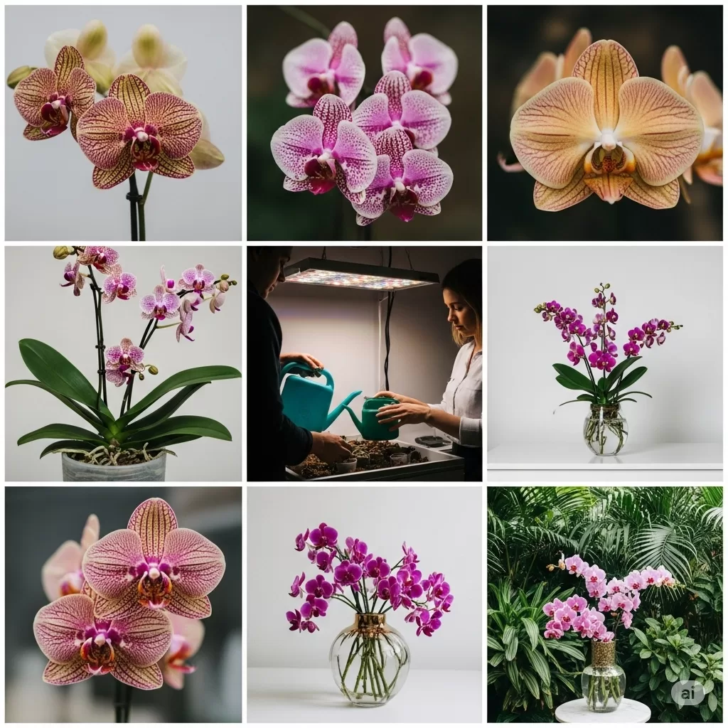 Colagem final com momentos de cultivo, arranjos decorativos e detalhes das orquídeas, simbolizando a união entre conhecimento, cuidado e inspiração