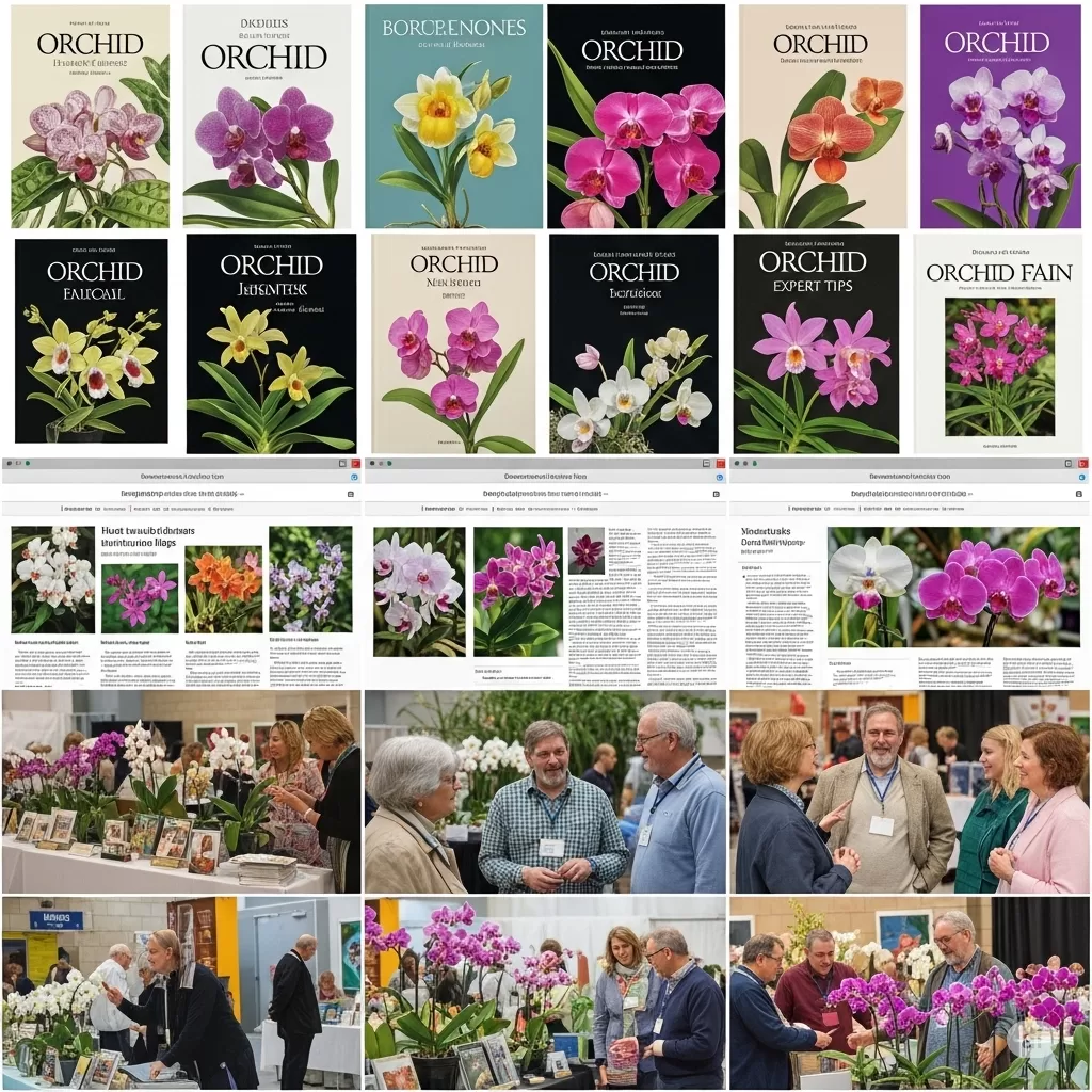 Montagem de capas de livros, capturas de tela de blogs e fotos de feiras especializadas em orquídeas, enfatizando a riqueza de recursos disponíveis