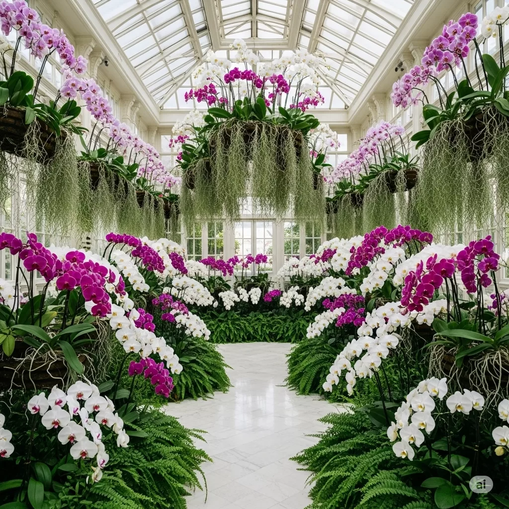 Uma última imagem inspiradora de um ambiente transformado por orquídeas, irradiando sofisticação, harmonia e serenidade