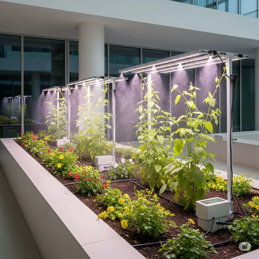 Um jardim exuberante integrado a um ambiente moderno, onde plantas saudáveis se destacam graças a cuidados atenciosos com água, nutrientes e luz.