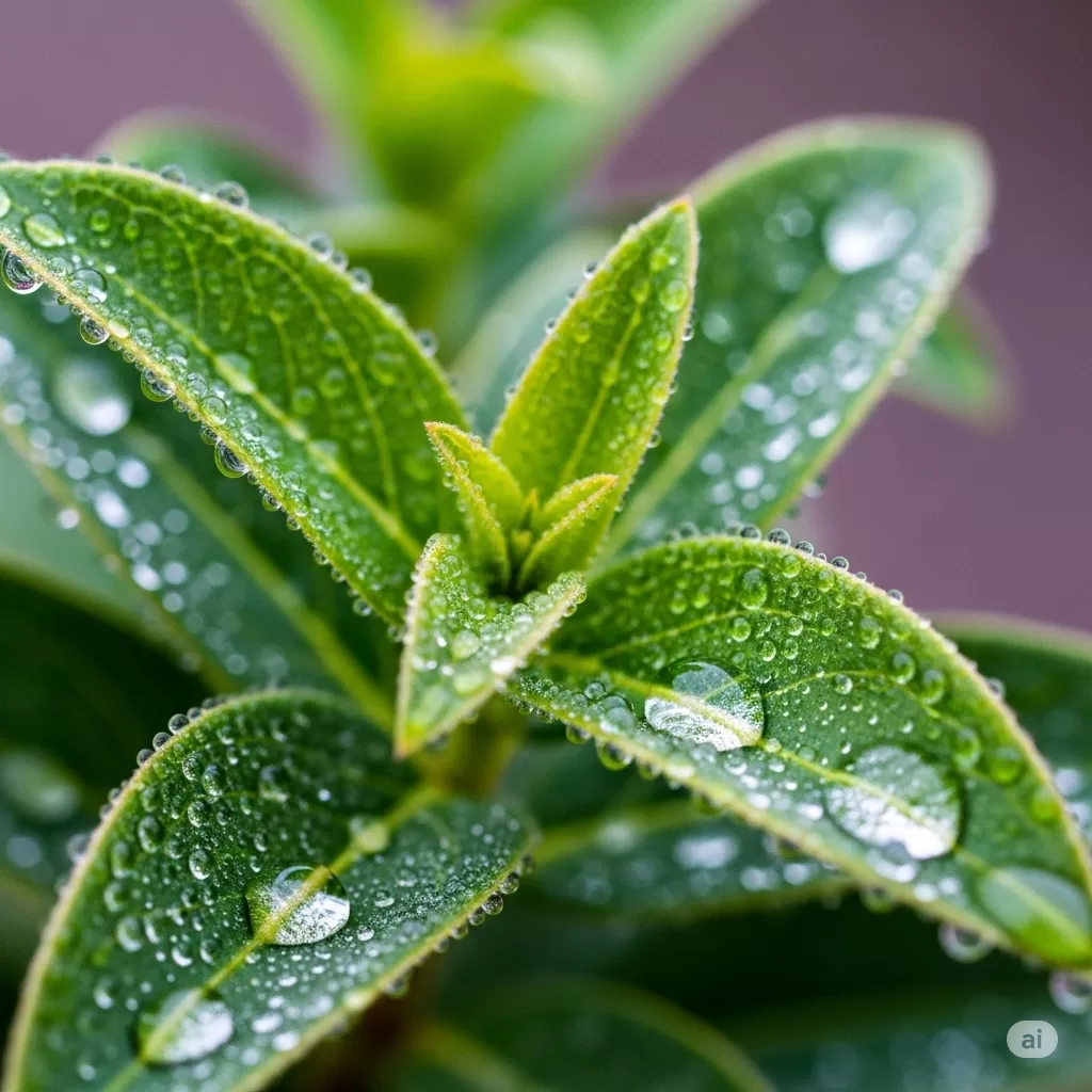 Close-up de uma planta saudável, com gotas de orvalho representando a importância da hidratação para o desenvolvimento da folhagem.