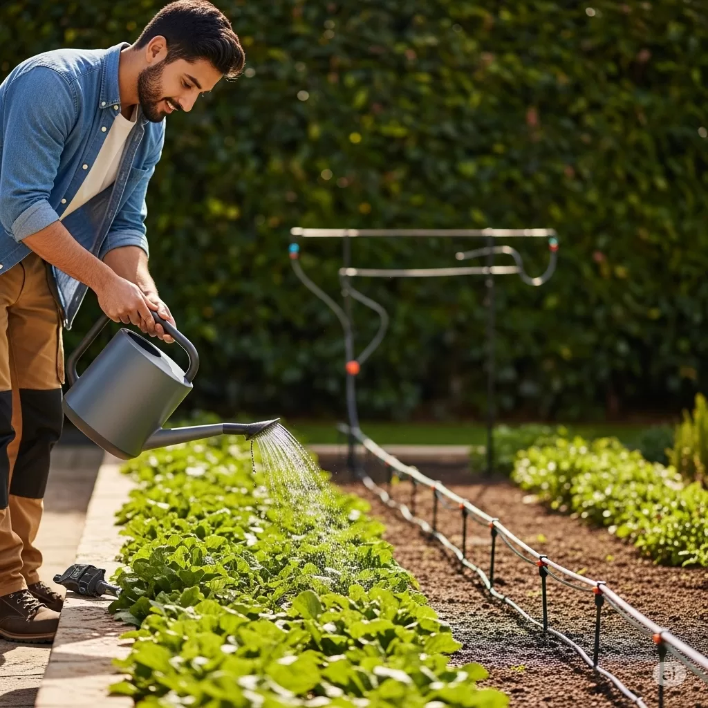 Foto de um jardineiro aplicando água em um leito de plantas, com um regador moderno e um sistema de irrigação por gotejamento ao fundo.