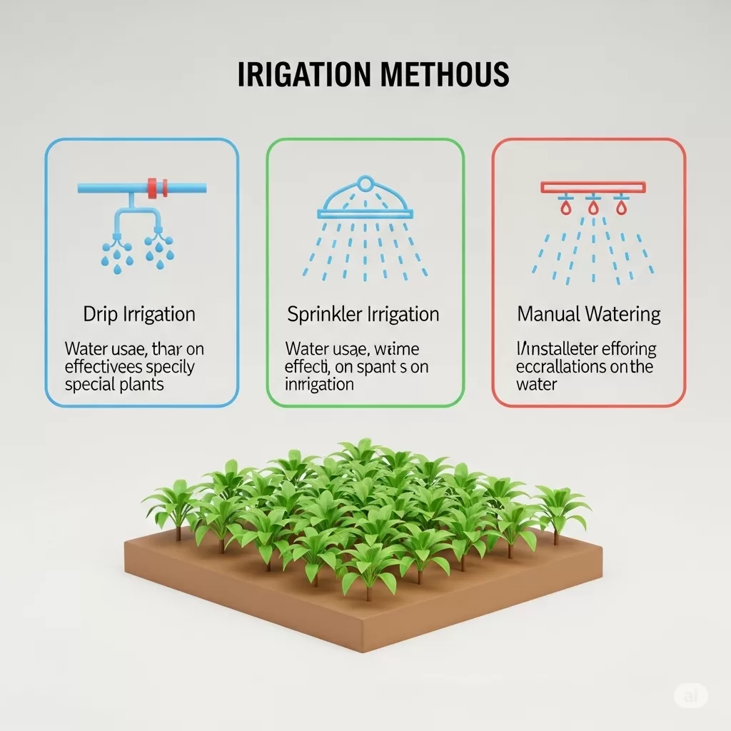 Comparação visual entre diferentes métodos de irrigação – gotejamento, aspersores e rega manual, com ícones e descrições curtas.