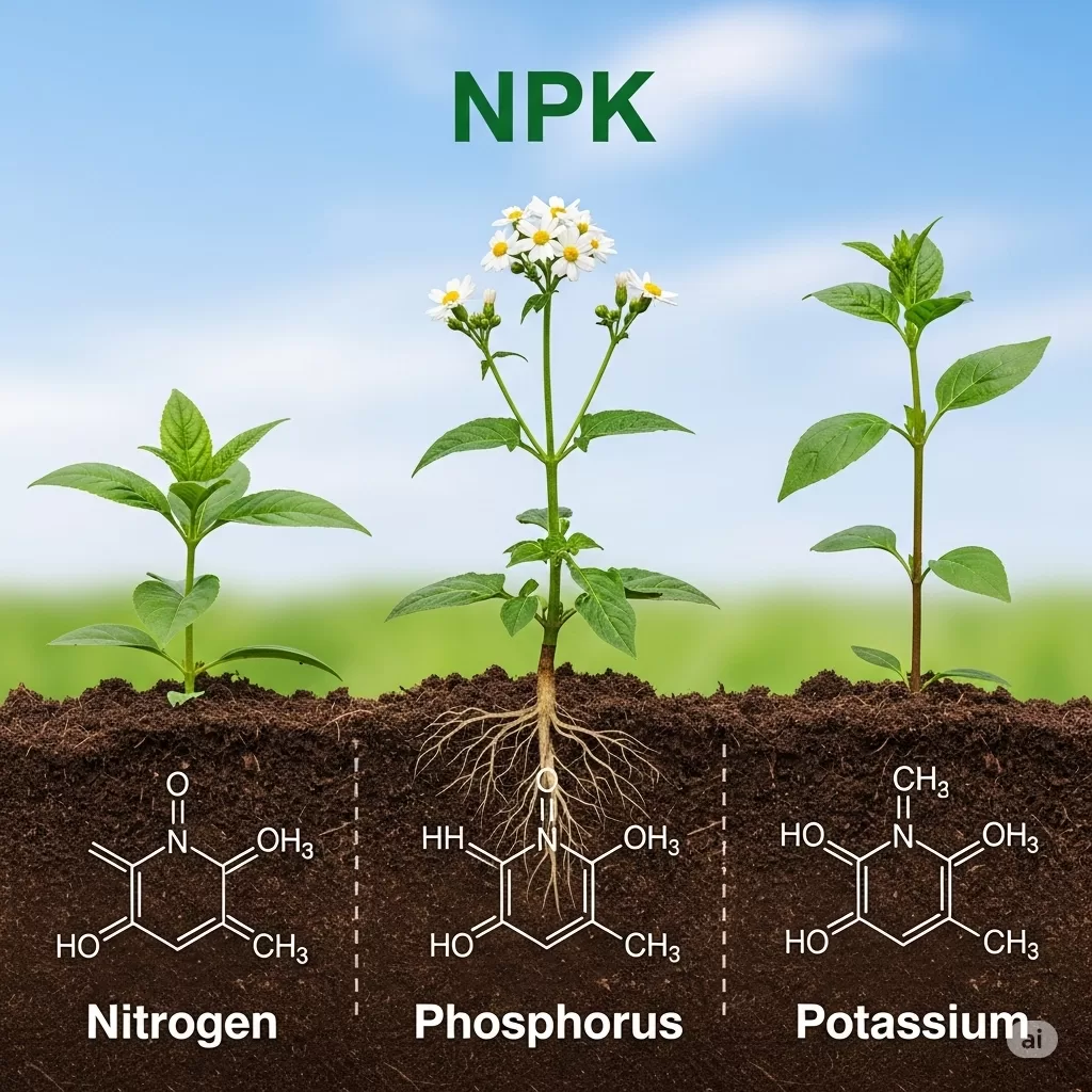 Foto ou infográfico demonstrando a importância do trio NPK (nitrogênio, fósforo e potássio) para o desenvolvimento das plantas.