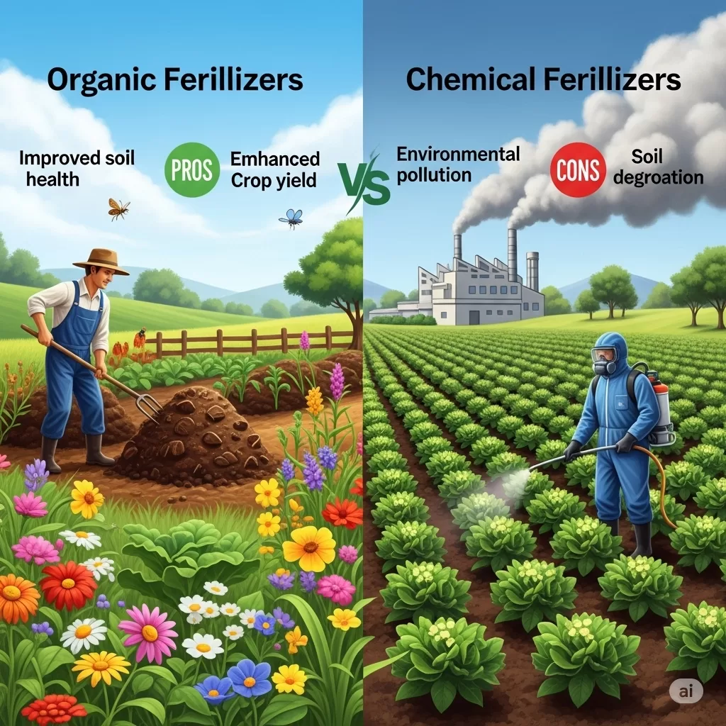 Comparativo visual entre adubos orgânicos e químicos, destacando os prós e contras de cada opção, com ilustrações que representem a naturalidade vs a industrialização.