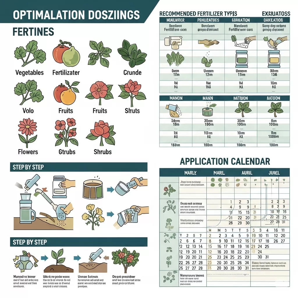 Gráfico ilustrativo de dosagem de adubação para diferentes tipos de plantas, com um calendário de aplicação e instruções passo a passo.