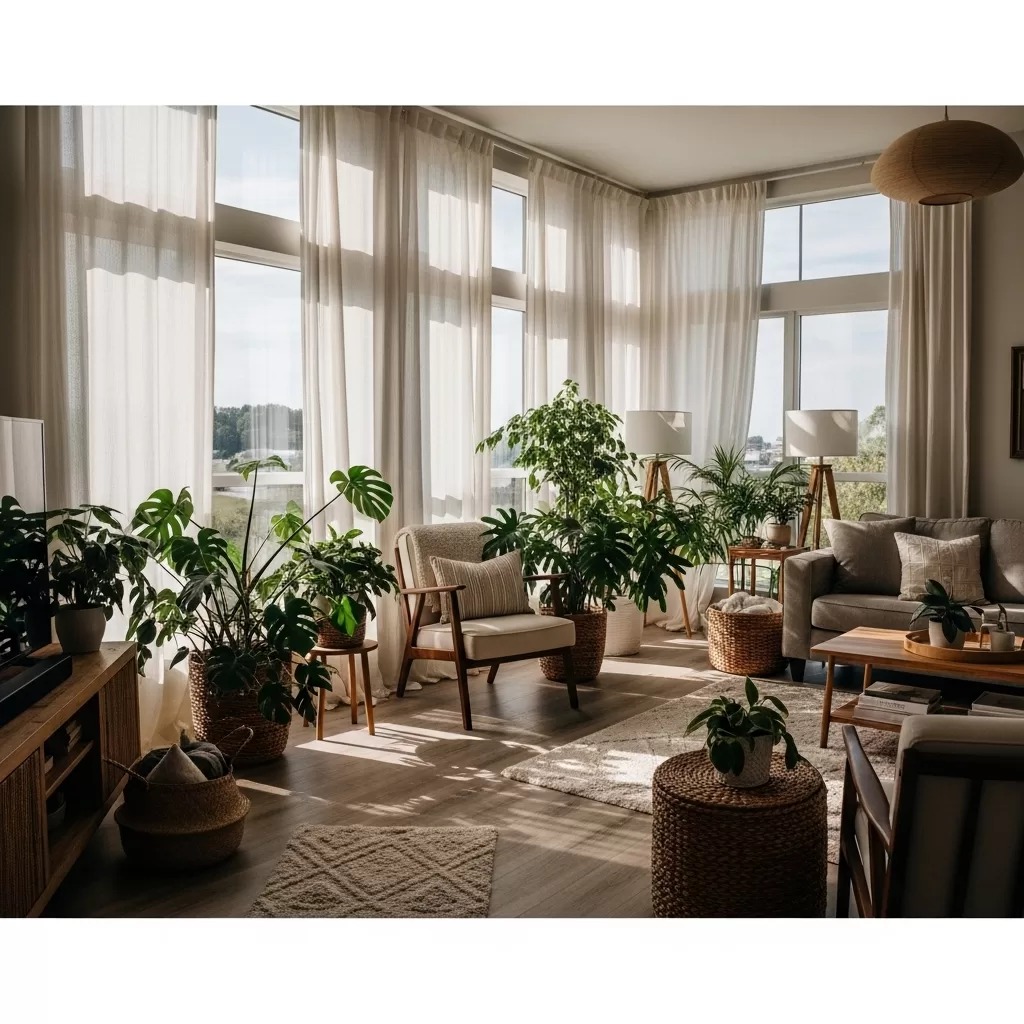 Foto de uma sala de estar com janelas amplas, onde as plantas se beneficiam da luz natural filtrada através de cortinas leves.