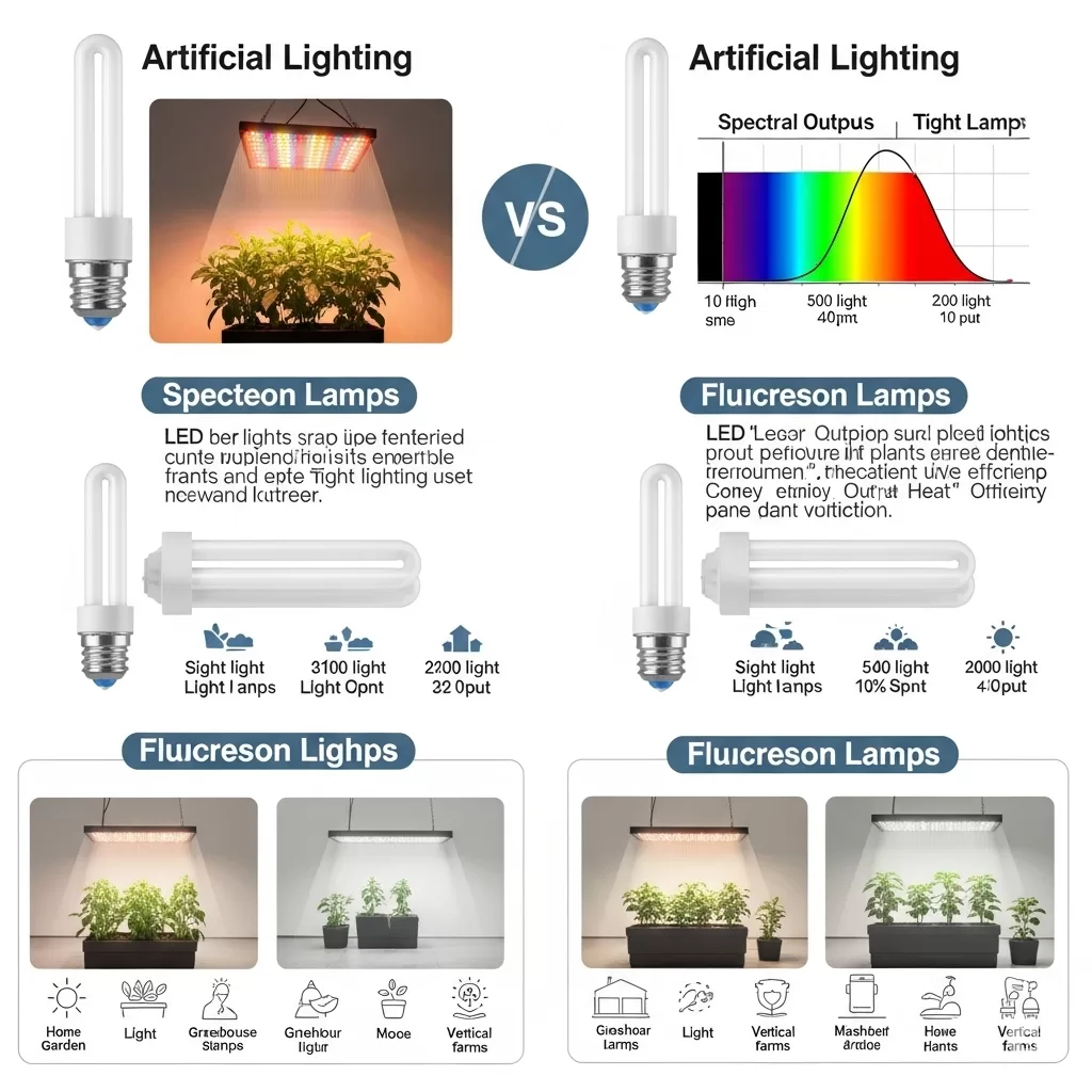 Comparação entre diferentes tipos de iluminação artificial para plantas, com exemplos de lâmpadas LED e fluorescentes e suas aplicações em ambientes interiores.