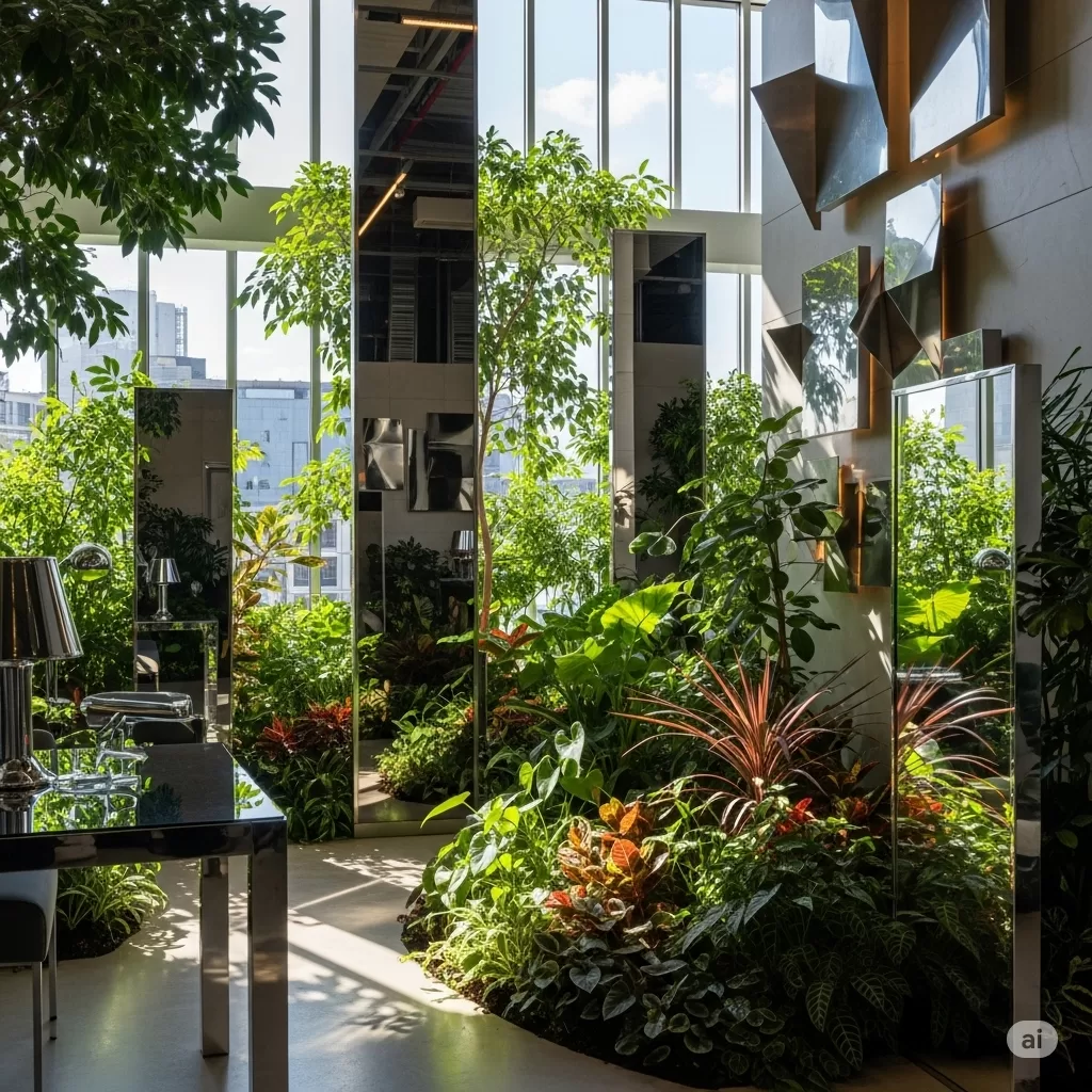Ambiente interno com um jardim de plantas dispostas estrategicamente contratando tanto luz direta quanto refletida, destacando o uso de espelhos ou superfícies brilhantes para maximizar a iluminação.