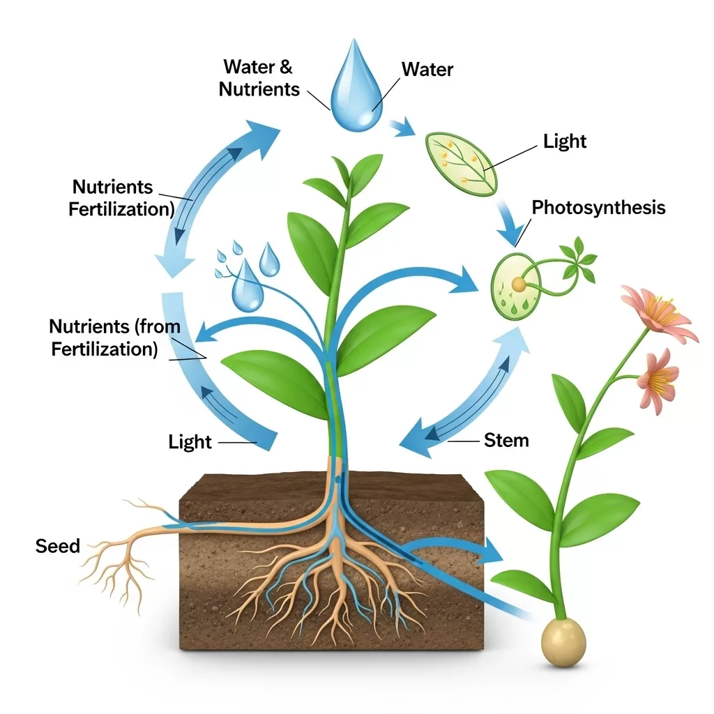 elementos de água, nutrientes (adubação) e luz interagem dentro do ciclo de vida de uma planta